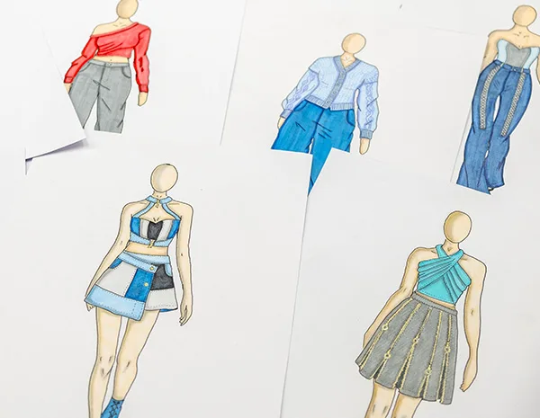 Figurino di moda realizzato da una studentessa del corso fashion design