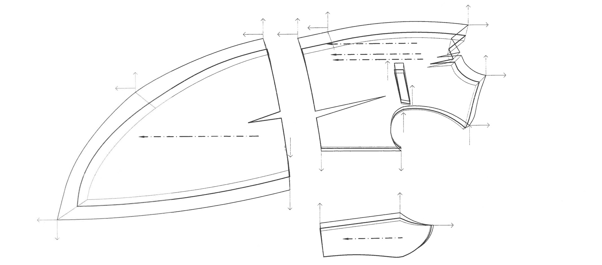 Tracciato CAD di un cartamodello con le frecce di sviluppo taglie