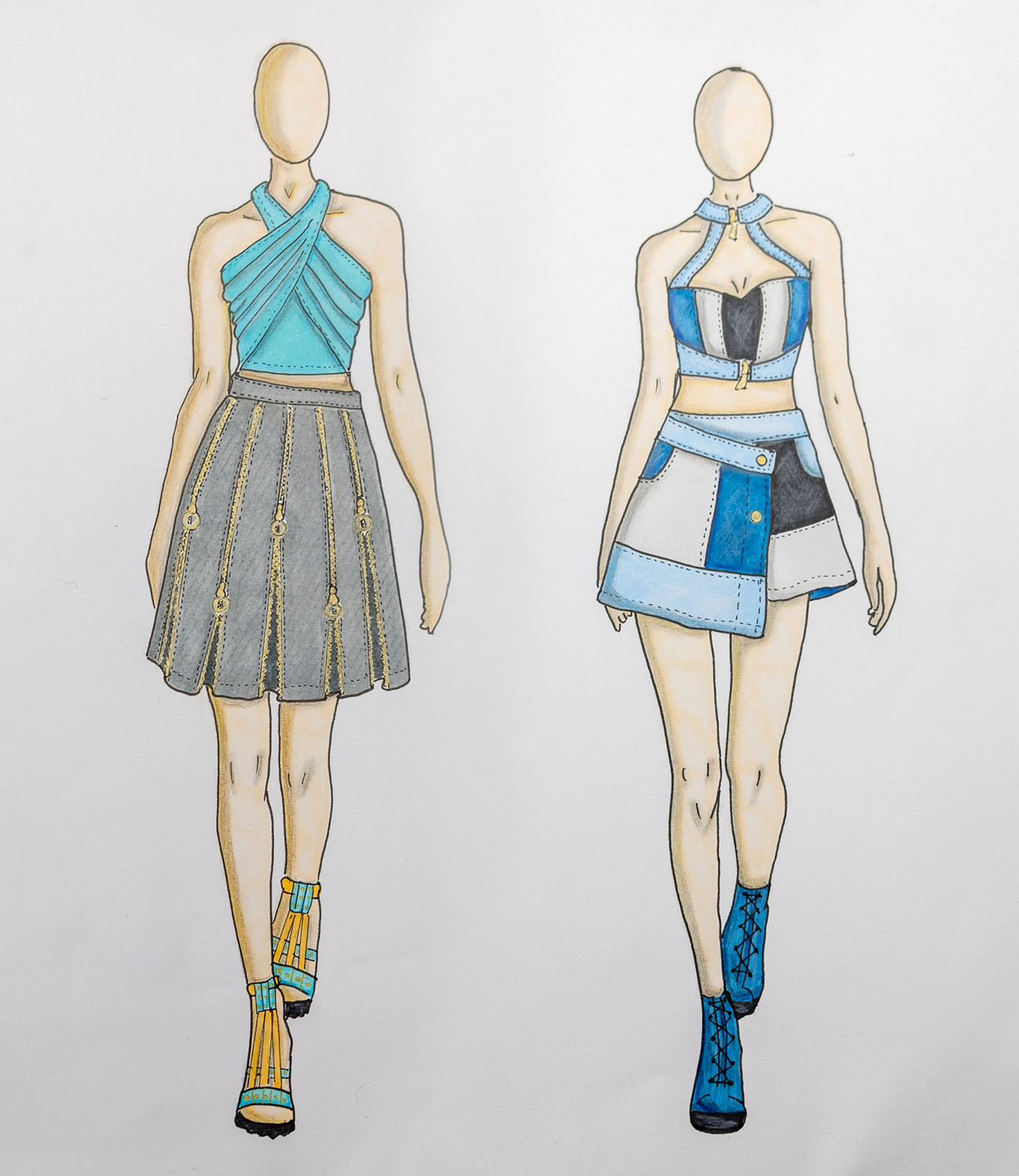 Figurino di moda realizzato da una studentessa del corso fashion design