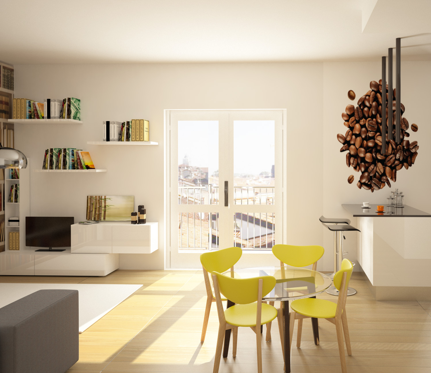 Rendering di soggiorno e cucina realizzato per un progetto di interior design