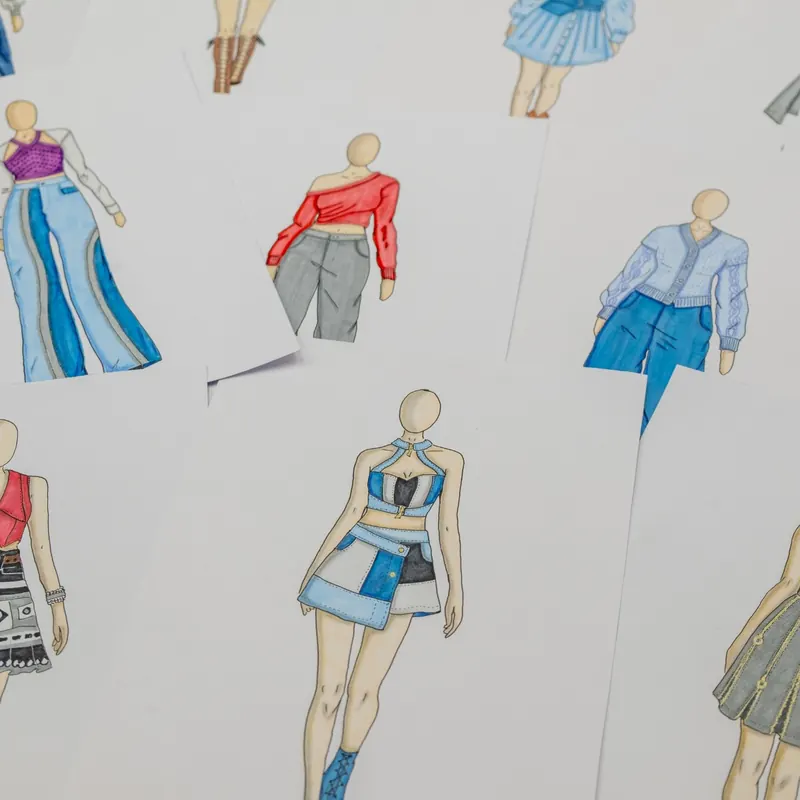 Figurini a colori di una collezione disegnata dagli studenti del corso di fashion design