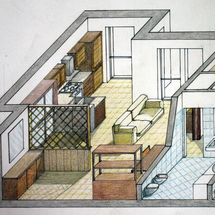 Progetto d'interni disegnato a mano da uno studente del corso di interior design
